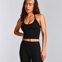 SoftMotion™ Strappy Halter Neck Mid Tank Top with Built in Bra Shelf with Grey Logo | Black