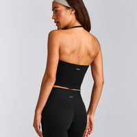 SoftMotion™ Strappy Halter Neck Mid Tank Top with Built in Bra Shelf with Grey Logo | Black