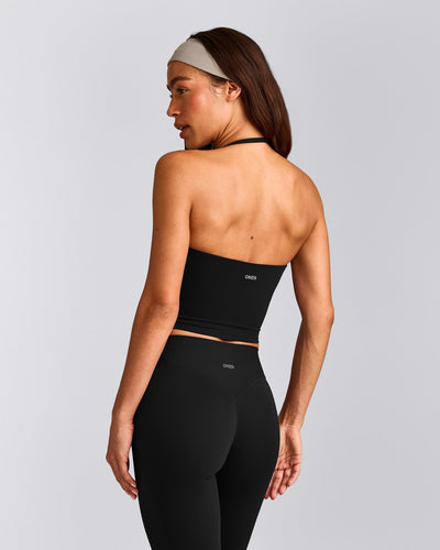 SoftMotion™ Strappy Halter Neck Mid Tank Top with Built in Bra Shelf with Grey Logo | Black