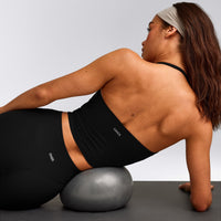 SoftMotion™ Strappy Halter Neck Mid Tank Top with Built in Bra Shelf with Grey Logo | Black