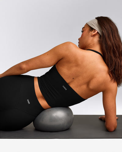 SoftMotion™ Strappy Halter Neck Mid Tank Top with Built in Bra Shelf with Grey Logo | Black