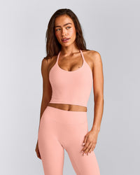 SoftMotion™ Strappy Halter Neck Mid Tank Top with Built in Bra Shelf with Grey Logo | Peach Orange