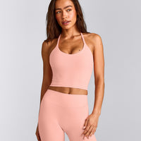 SoftMotion™ Strappy Halter Neck Mid Tank Top with Built in Bra Shelf with Grey Logo | Peach Orange
