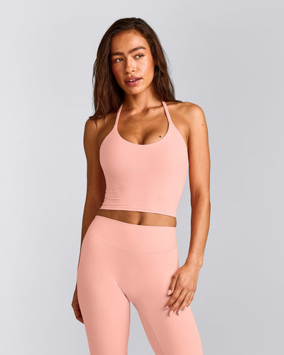 SoftMotion™ Strappy Halter Neck Mid Tank Top with Built in Bra Shelf with Grey Logo | Peach Orange