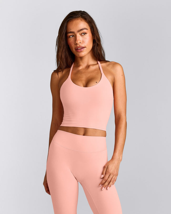 SoftMotion™ Strappy Halter Neck Mid Tank Top with Built in Bra Shelf with Grey Logo | Peach Orange