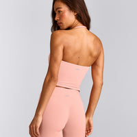 SoftMotion™ Strappy Halter Neck Mid Tank Top with Built in Bra Shelf with Grey Logo | Peach Orange