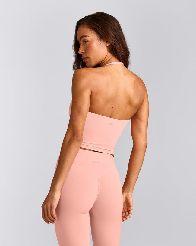 SoftMotion™ Strappy Halter Neck Mid Tank Top with Built in Bra Shelf with Grey Logo | Peach Orange