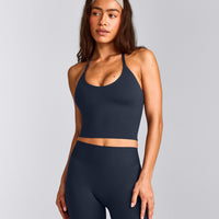 SoftMotion™ Strappy Halter Neck Mid Tank Top with Built in Bra Shelf with Grey Logo | True Blue