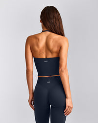 SoftMotion™ Strappy Halter Neck Mid Tank Top with Built in Bra Shelf with Grey Logo | True Blue