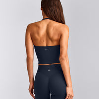 SoftMotion™ Strappy Halter Neck Mid Tank Top with Built in Bra Shelf with Grey Logo | True Blue