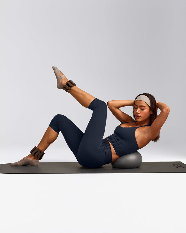 SoftMotion™ Strappy Halter Neck Mid Tank Top with Built in Bra Shelf with Grey Logo | True Blue