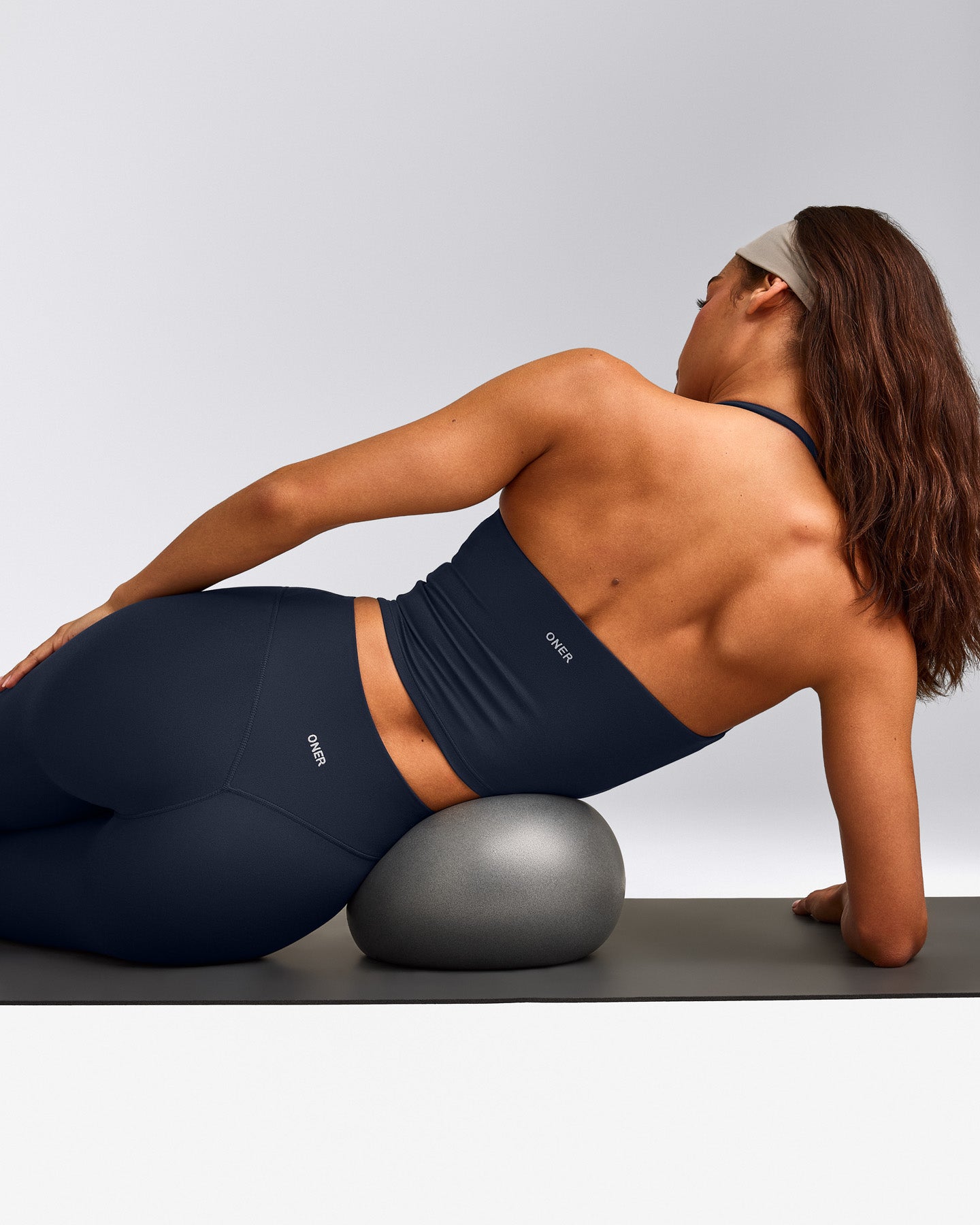 SoftMotion™ Strappy Halter Neck Mid Tank Top with Built in Bra Shelf with Grey Logo | True Blue