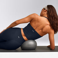 SoftMotion™ Strappy Halter Neck Mid Tank Top with Built in Bra Shelf with Grey Logo | True Blue