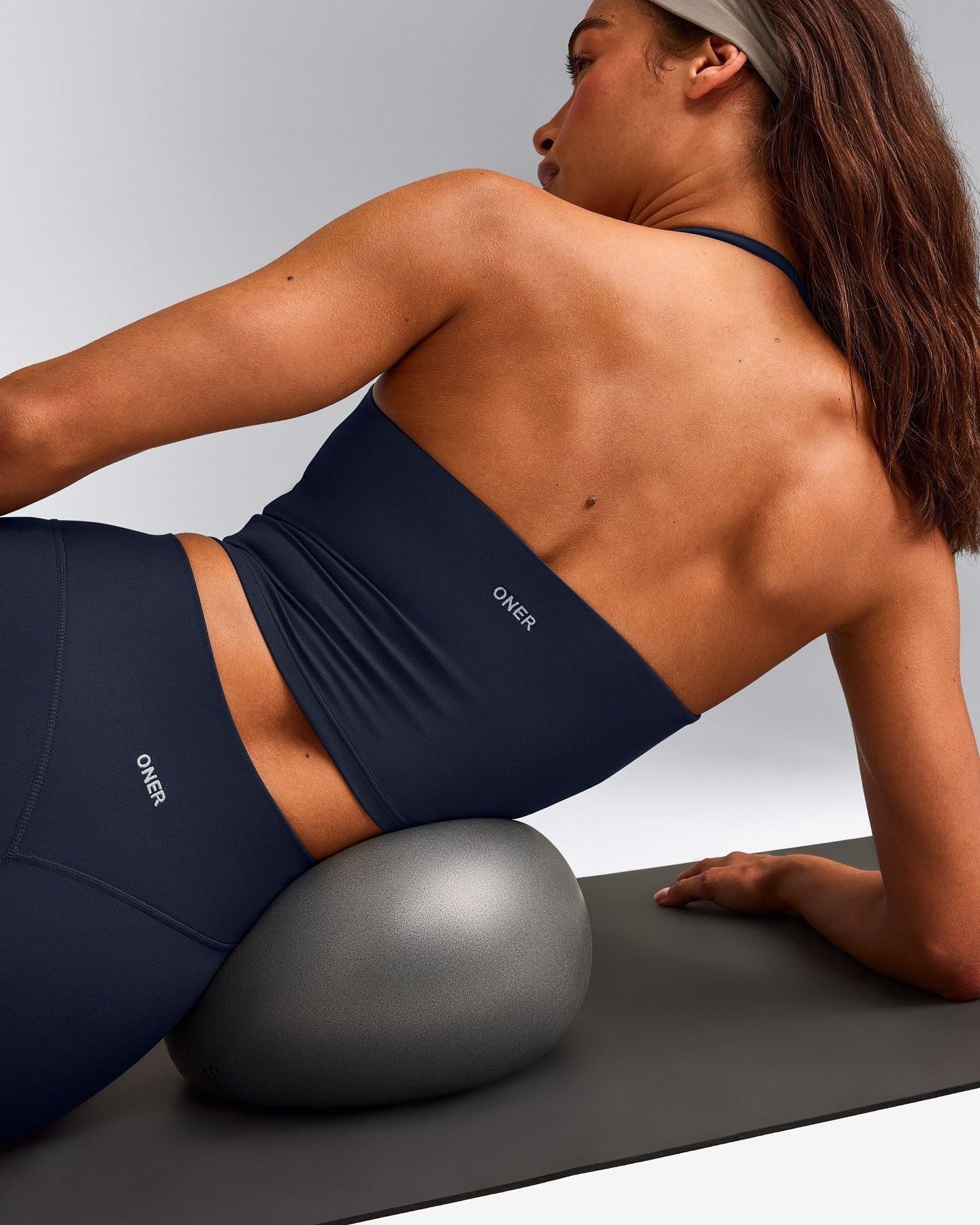 SoftMotion™ Strappy Halter Neck Mid Tank Top with Built in Bra Shelf with Grey Logo | True Blue