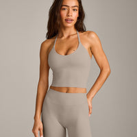 SoftMotion™ Strappy Halter Neck Mid Vest with Built in Bra Shelf with White Logo | Warm Sand