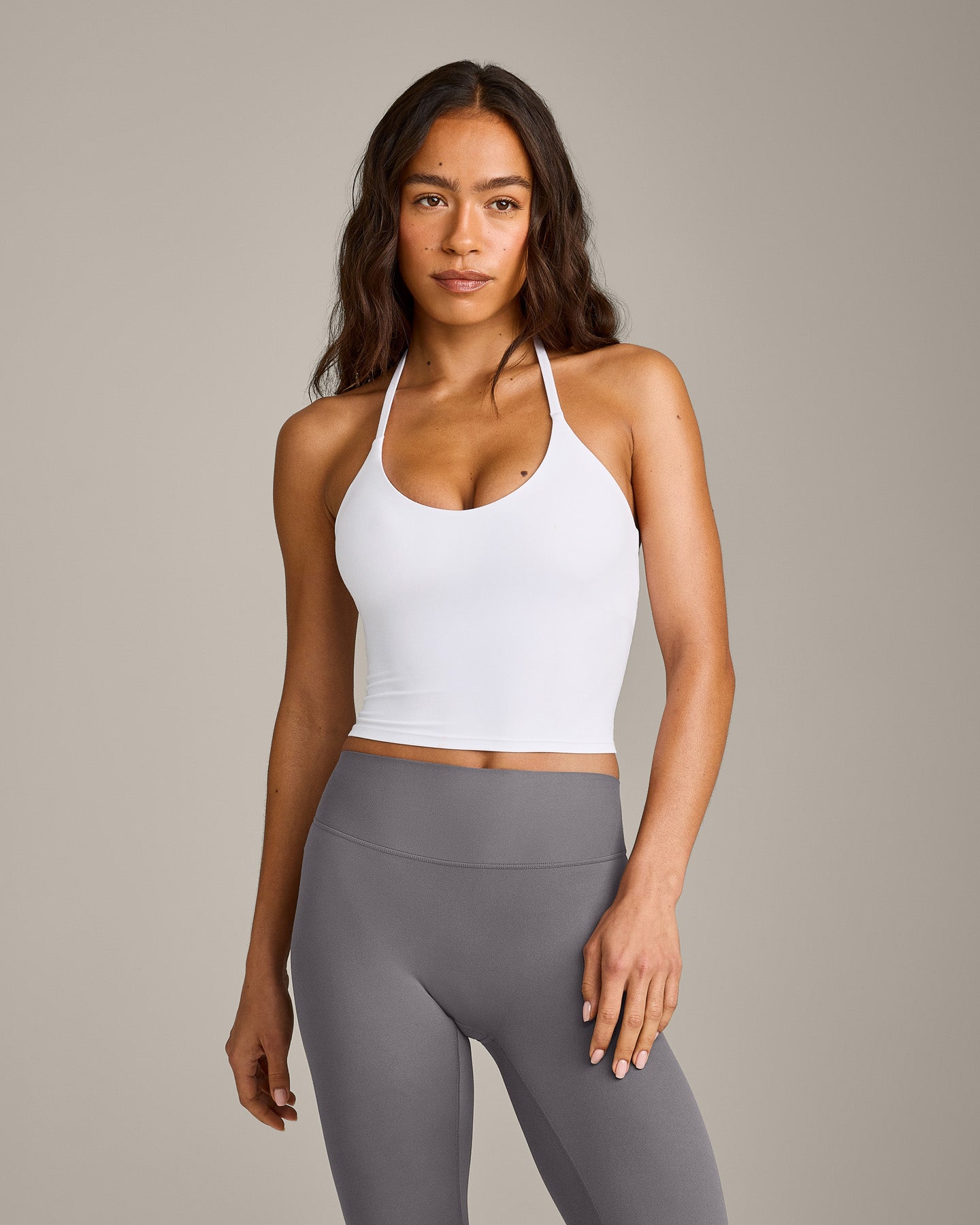 SoftMotion™ Strappy Halter Neck Mid Vest with Built in Bra Shelf with Grey Logo | White