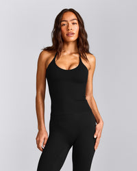 SoftMotion™ Strappy Halter Neck Tank Top with Built in Bra Shelf with Grey Logo | Black