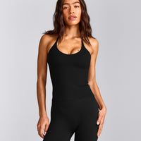 SoftMotion™ Strappy Halter Neck Tank Top with Built in Bra Shelf with Grey Logo | Black