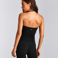 SoftMotion™ Strappy Halter Neck Tank Top with Built in Bra Shelf with Grey Logo | Black