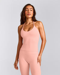SoftMotion™ Strappy Halter Neck Tank Top with Built in Bra Shelf with Grey Logo | Peach Orange