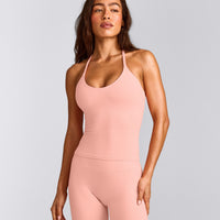 SoftMotion™ Strappy Halter Neck Tank Top with Built in Bra Shelf with Grey Logo | Peach Orange