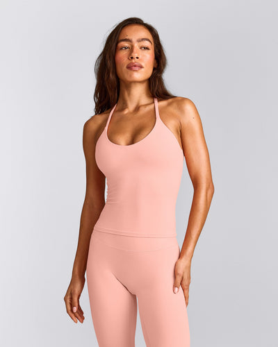 SoftMotion™ Strappy Halter Neck Tank Top with Built in Bra Shelf with Grey Logo | Peach Orange