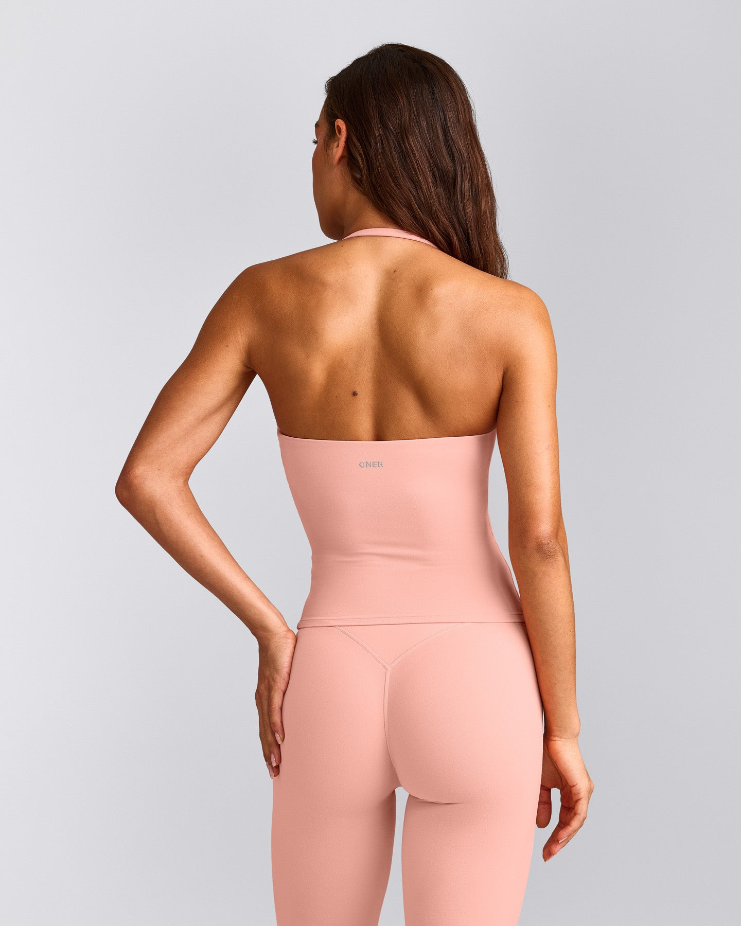 SoftMotion™ Strappy Halter Neck Tank Top with Built in Bra Shelf with Grey Logo | Peach Orange