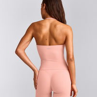 SoftMotion™ Strappy Halter Neck Tank Top with Built in Bra Shelf with Grey Logo | Peach Orange