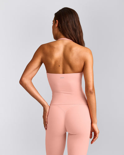 SoftMotion™ Strappy Halter Neck Tank Top with Built in Bra Shelf with Grey Logo | Peach Orange