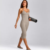 SoftMotion™ Strappy Halter Neck Tank Top with Built in Bra Shelf with White Logo | Warm Sand