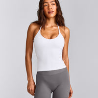 SoftMotion™ Strappy Halter Neck Tank Top with Built in Bra Shelf with Grey Logo | White