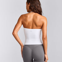 SoftMotion™ Strappy Halter Neck Tank Top with Built in Bra Shelf with Grey Logo | White
