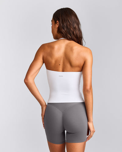SoftMotion™ Strappy Halter Neck Tank Top with Built in Bra Shelf with Grey Logo | White