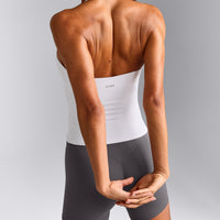 SoftMotion™ Strappy Halter Neck Tank Top with Built in Bra Shelf with Grey Logo | White