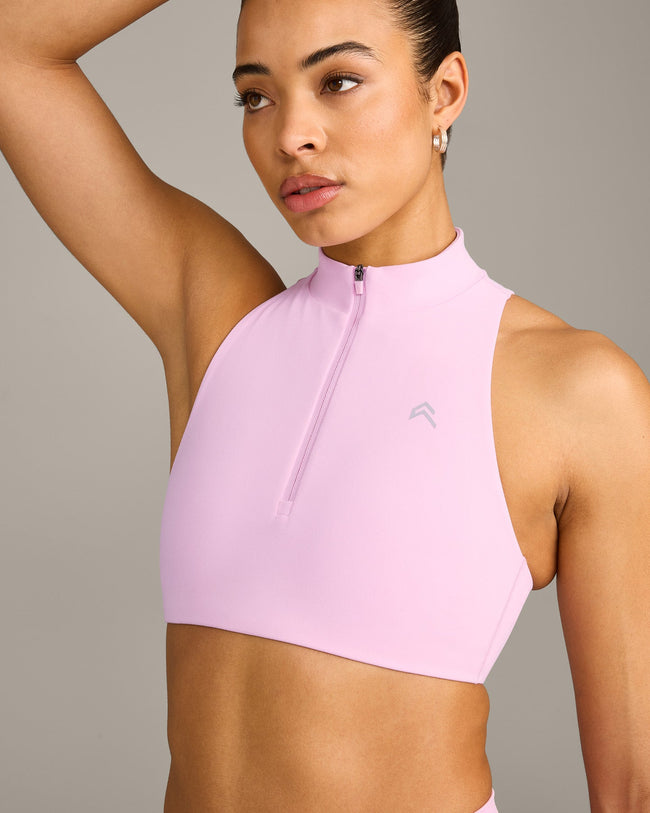 EasyLift™ Zip High Neck Sports Bra with Grey Logo | Chalk Pink