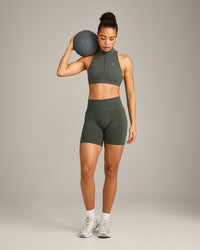 EasyLift™ Zip High Neck Sports Bra with Grey Logo | Dark Khaki