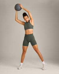 EasyLift™ Zip High Neck Sports Bra with Grey Logo | Dark Khaki