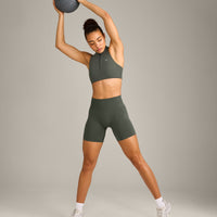 EasyLift™ Zip High Neck Sports Bra with Grey Logo | Dark Khaki