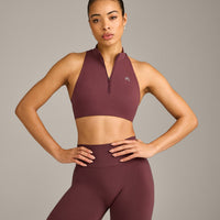 EasyLift™ Zip High Neck Sports Bra with Grey Logo | Velvet Mocha