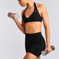 EffortlessLift™ Seamless Halter Neck Sports Bra with Grey Logo | Black