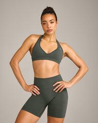 EffortlessLift™ Seamless Halter Neck Sports Bra with Grey Logo | Dark Khaki