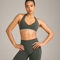 EffortlessLift™ Seamless Halter Neck Sports Bra with Grey Logo | Dark Khaki
