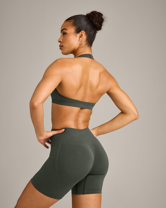 EffortlessLift™ Seamless Halter Neck Sports Bra with Grey Logo | Dark Khaki