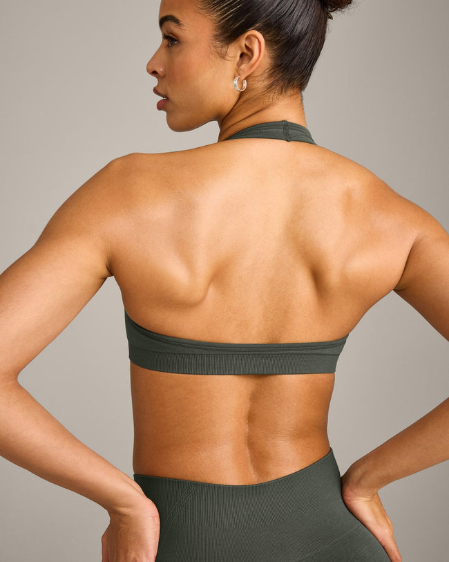 EffortlessLift™ Seamless Halter Neck Sports Bra with Grey Logo | Dark Khaki