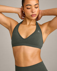 EffortlessLift™ Seamless Halter Neck Sports Bra with Grey Logo | Dark Khaki