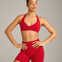 EffortlessLift™ Seamless Halter Neck Sports Bra with Grey Logo | Fiery Red