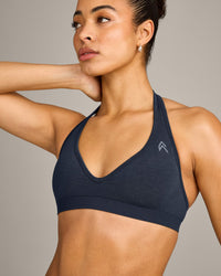 EffortlessLift™ Seamless Halter Neck Sports Bra with Grey Logo | True Blue