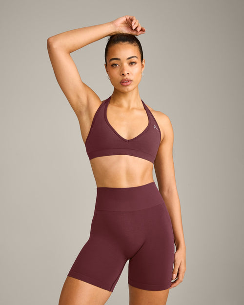 Oner Modal EffortlessLift™ Seamless Halter Neck Sports Bra with Grey Logo | Velvet Mocha