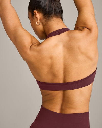 EffortlessLift™ Seamless Halter Neck Sports Bra with Grey Logo | Velvet Mocha