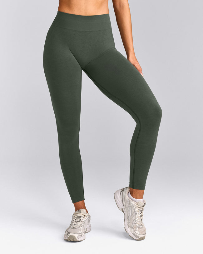 EffortlessLift™ Seamless Mid Rise Leggings with Grey Logo | Dark Khaki